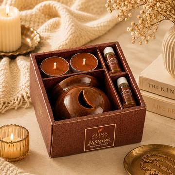 Ceramic Diffuser Gift Set (Jasmine, Brown) (Jasmine Aroma, Brown) Auradecor
