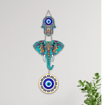 Elephant Hamsa Hand Evil Eye Wall Hanging (Blue) - eCraftIndia
